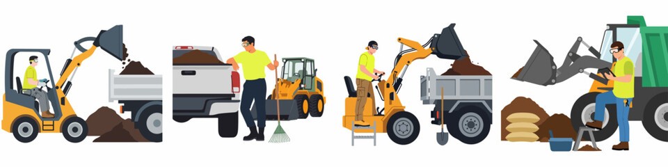Flat Vector Illustration Set of Professional Construction Workers Operating Heavy Machinery and Landscaping Equipment © Rafi