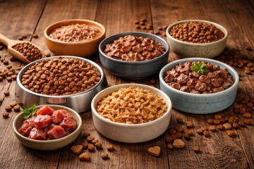 Variety of wet and dry cat food served in bowls on natural wood background with copy space
