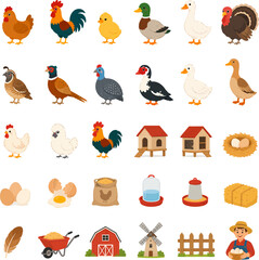 A colorful collection of farm animals and poultry farming equipment illustrations, featuring chickens, ducks, geese, and essential farm tools © Lionian