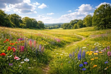 Fototapeta premium Colorful meadow landscape with fresh greenery and clear sky