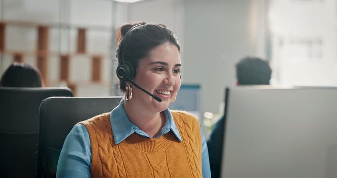 Computer, talking and business woman with headset for virtual assistance, crm support and help. Office, professional and person with mic on tech for online consulting, contact us and communication