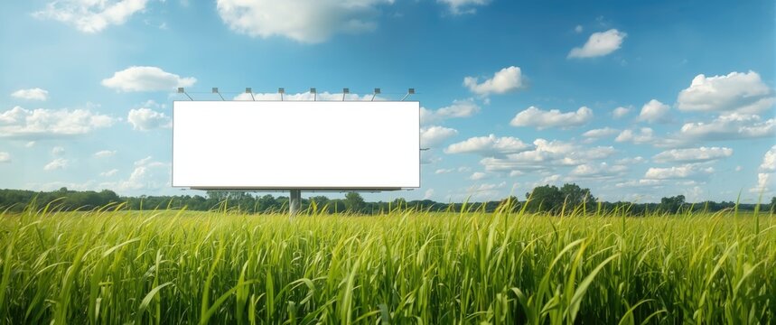 Blank advertising billboard located in a dense grass field providing copy space