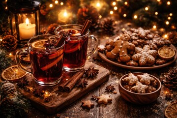 Obraz premium Winter holiday party display including hot spiced wine and gingerbread pastries