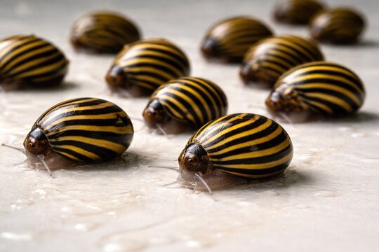 Group of Zebra Nerite Snails Moving Across a Light Matte Panel