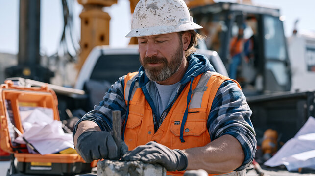 Material testing technician performing compressive strength cylinder break on concrete sample beside pile driver rig at deep foundation site, field lab kit open on tailgate of pickup truck, geotechn