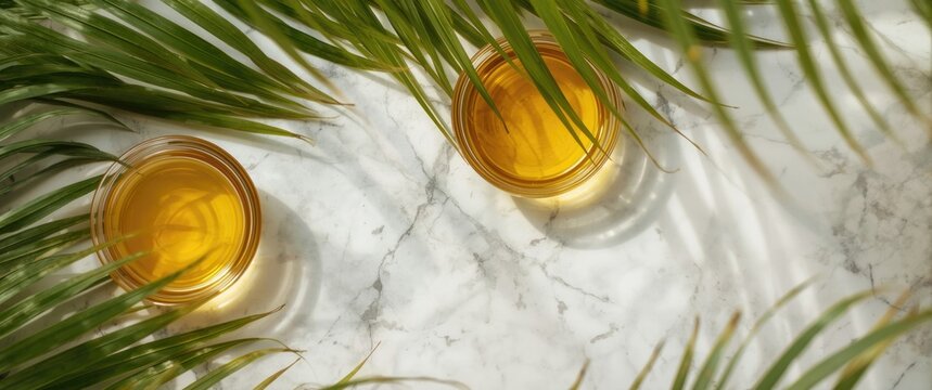 Bowls of affordable palm olein oil processed by RBD method highlighted with green palm foliage on marble backdrop