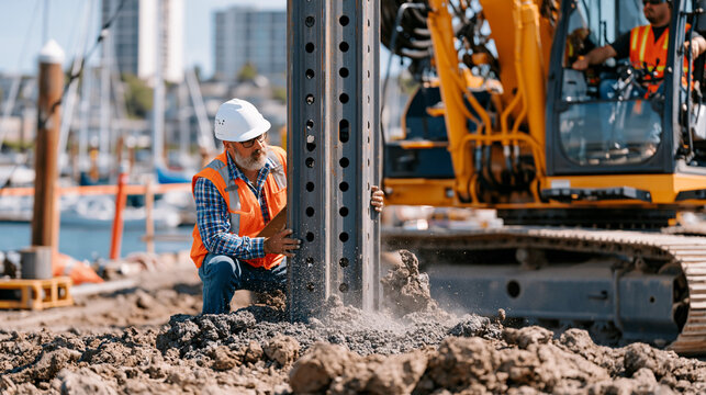Pile driver rig hammering steel H-pile into soft ground at waterfront foundation site, vibration dust rising from disturbed earth, hard-hatted geotechnical engineer monitoring blow count log on clip