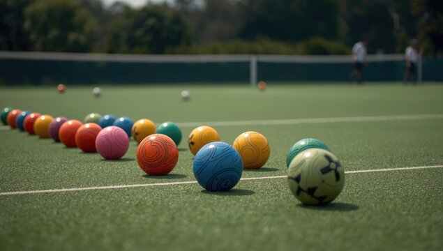 Colorful Bocce Balls Arranged on Green Court Outdoor Setting, Depth of Field