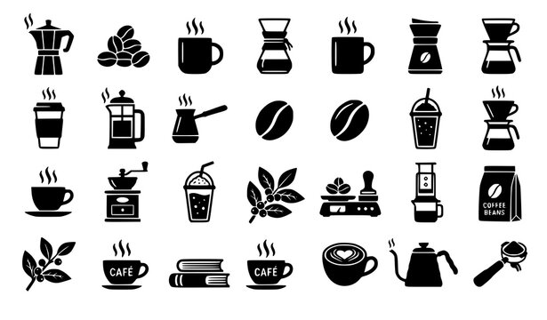 Modern coffee pictogram vector set solid espresso cafe and barista icon collection design