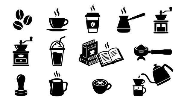 Trendy coffee icon bundle vector solid cafe espresso beverage and barista illustration design