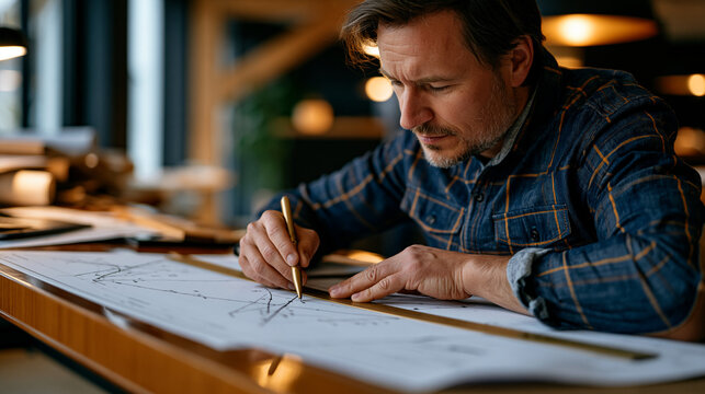 Scatter plot correlation data printed on architectural blueprints spread across a polished mahogany drafting table inside a luxury interior design studio, senior engineer tracing regression lines wi