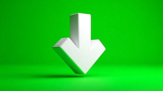 3D White Down Arrow on Vibrant Green Background with Symbolizing Decline.