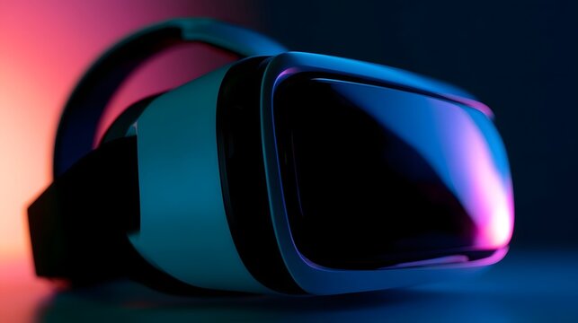 A close up view of a virtual reality headset illuminated by dynamic glowing neon backlighting
