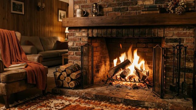 Cozy living room with warm fireplace soft armchair knitted blanket rustic wooden walls stack of firewood