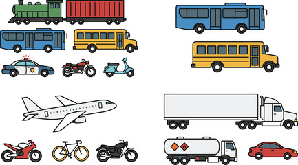 Collection of transportation vehicles vector illustration featuring buses trucks airplanes motorcycles scooters police car and train © Sree