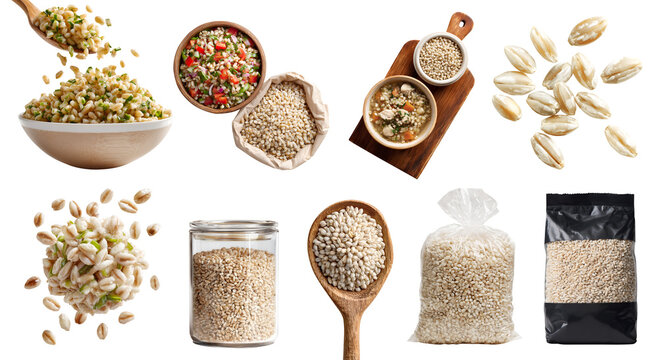 Set of pearl pearled polished ivory barley, whole grain groats kernel, standup pouch bag, airtight container, serving board with chicken soup, fly pile stack cooked raw, transparent cutout PNG mockup