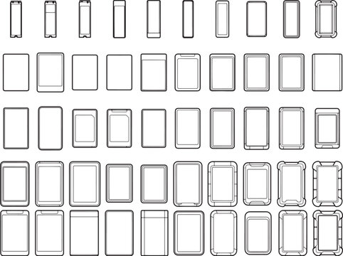 Collection of outline smartphone and tablet screen mockups, showcasing diverse border styles and sizes, perfect for app design and UI presentations.