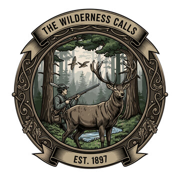 Hunter aims rifle at majestic stag in forest scene emblem.