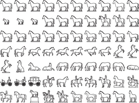 An artistic compilation showcasing the evolution of horse representation, from basic outlines and foal stages to detailed renderings of horses in motion, ridden by equestrians, pulling carriages.