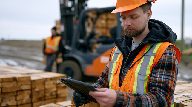 Delivery logistics coordinator cross-referencing bill of lading against stacked structural lumber bundles outside rural lumberyard yard, forklift driver pausing nearby, muddy site road behind, overc