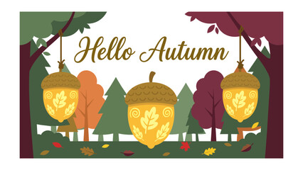 Autumn Welcome: A charming illustration welcomes the autumn season with stylized acorns hanging like lanterns amidst colorful trees and fallen leaves, evoking a cozy and festive atmosphere. © Hasib