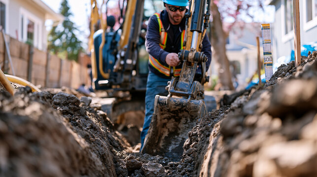 Excavator operator in cab guides bucket around underground plumbing rough-in trench as utility crew lays sanitary sewer pipe bedding, shoring panels stabilizing trench walls, soil boring logs staked
