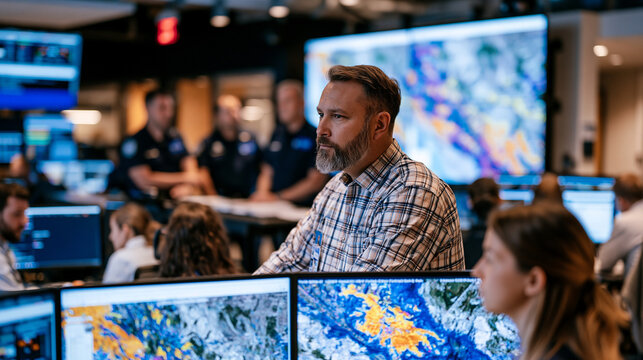 FEMA emergency operations center during active disaster response, rows of agency personnel at workstations monitoring multiple screens displaying evacuation maps, incident commanders standing at cen