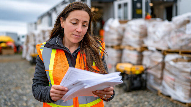 FEMA logistics coordinator in reflective vest reviewing paper supply manifests outside mobile command trailer, gravel staging area visible, rows of relief supply pallets wrapped in plastic behind he