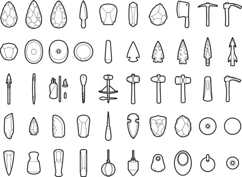 A collection of prehistoric tools and artifacts, including arrowheads, axes, and beads, rendered in a clean, illustrative outline style, evoking ancient craftsmanship and historical discovery.