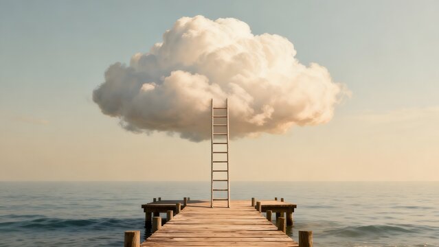 Ladder to cloud over ocean pier