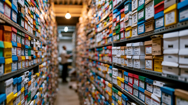 Rows of organized storage boxes color-coded by category filling rented unit floor to ceiling, single overhead bulb casting warm shadows, single person visible in background assessing space, efficien