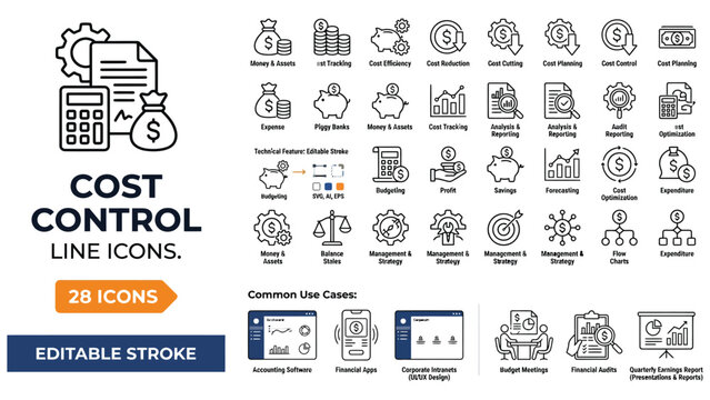 Contain icons related to cost control, budgeting, expenses,  saving, allocation, planning, management, and more.Cost Control icon set.  Editable stroke. Vector illustration
