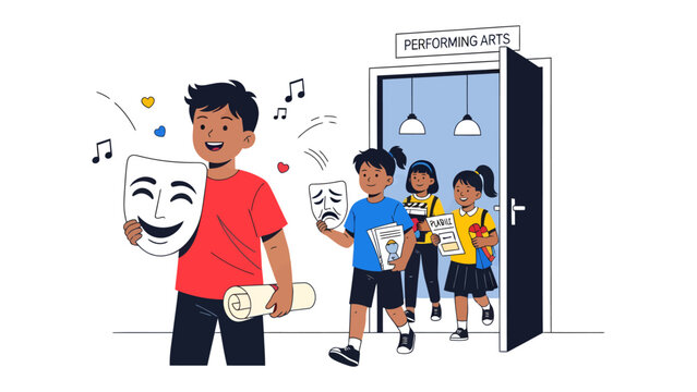 Children Entering Performing Arts Class: Young students, holding masks representing joy and sadness, enter a performing arts classroom, eager to explore the world of theatre and drama.