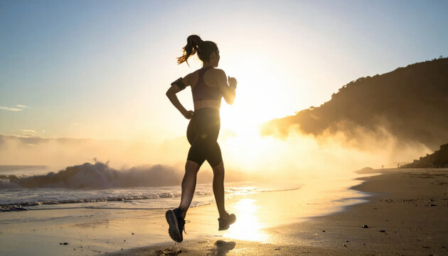 Running woman on beach at sunrise, silhouette fitness on shore