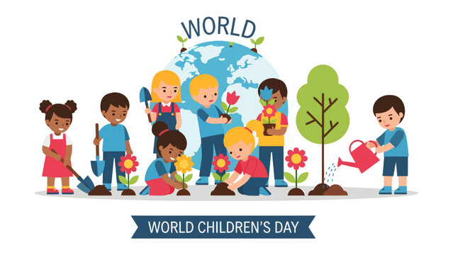 Future Guardians of Earth: A vibrant illustration depicting diverse children enthusiastically planting flowers and trees around a globe.