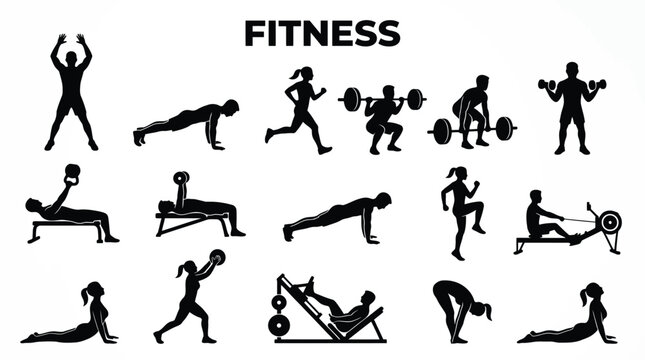 Vector graphic illustration Black fitness icons set with various exercise poses