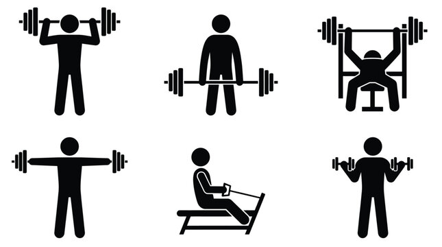 Vector graphic illustration Black silhouette icons of people lifting weights