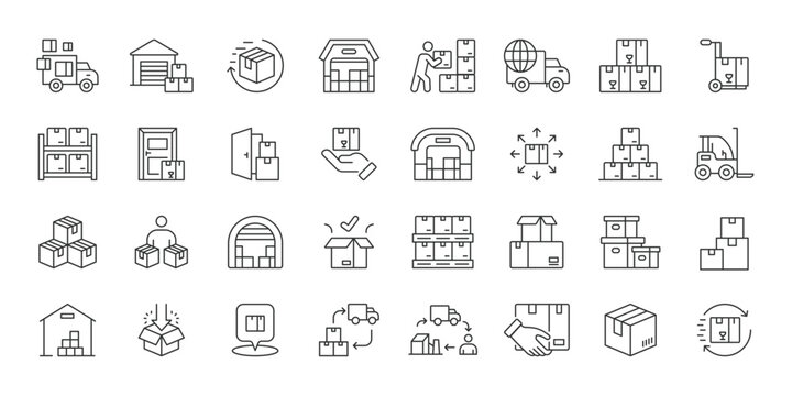 Warehouse delivery icons in line design. warehouse delivery, logistics, shipping, cargo, storage, transport, package on white background vector. Warehouse delivery editable stroke icons