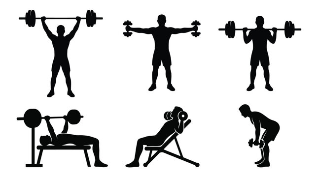 Vector graphic illustration Black silhouette icons of people weightlifting