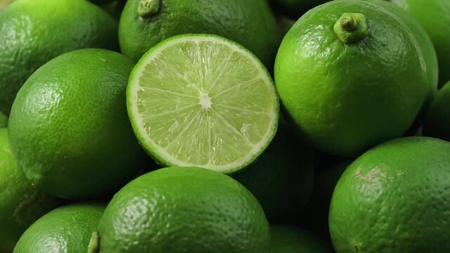 A pile of whole limes with multiple cut halves