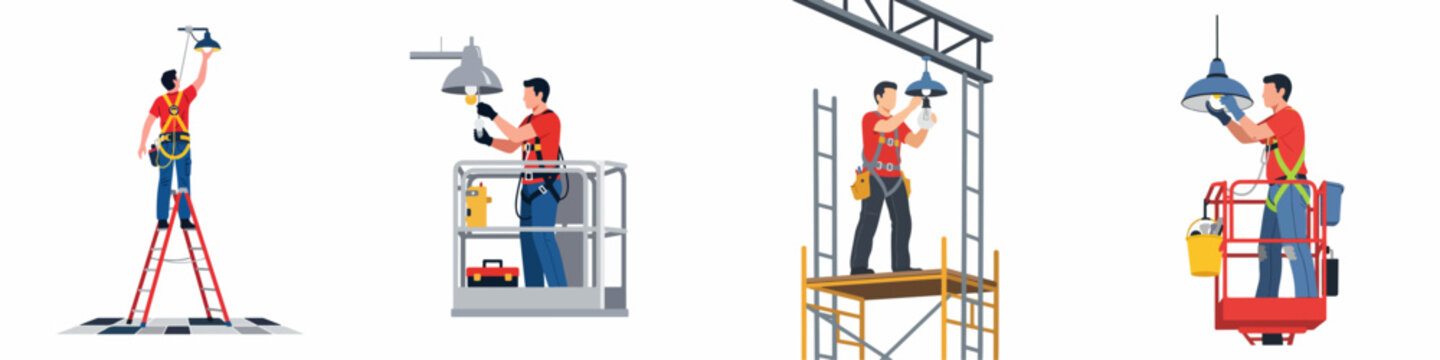 Professional technicians performing industrial lighting maintenance at heights using ladders, scaffolding, and various aerial lift platforms while wearing safety harnesses.