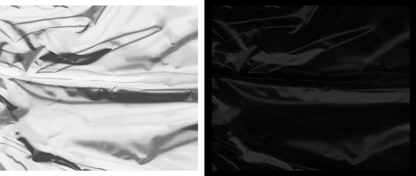 Crumpled plastic texture background, glossy wrinkled cellophane wrap surface, abstract black and white metallic foil film for graphic design overlays