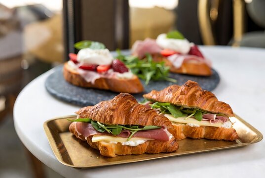 Close-up of flaky croissant sandwiches filled with prosciutto, cheese and arugula, served on a golden tray with gourmet bruschetta in the background, bright natural light.