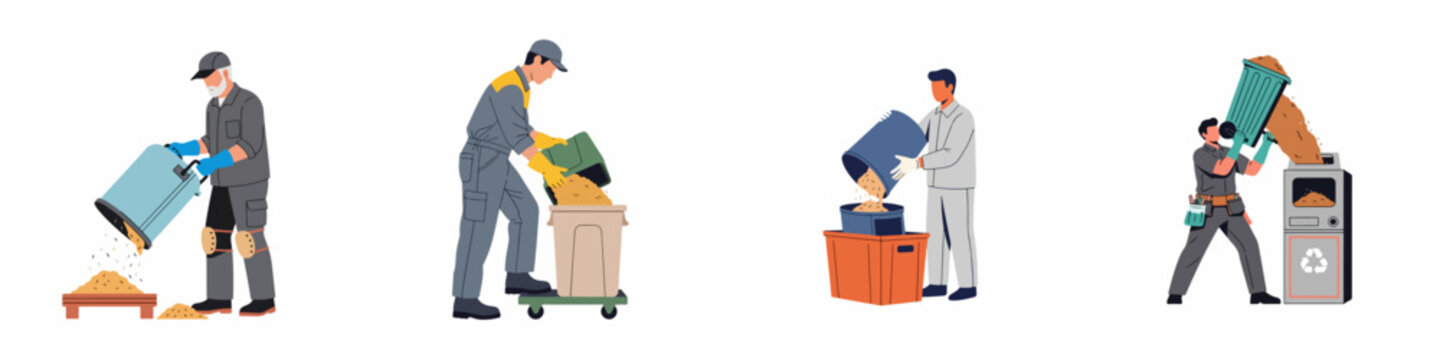 Illustration set of male workers in uniforms emptying waste bins into larger containers and recycling machines for professional waste management services.