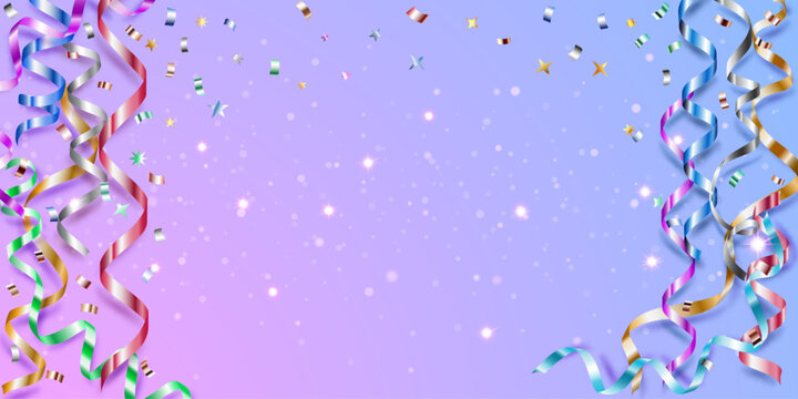 Multicolored ribbons and confetti scattered on gradient purple background with white dots and stars, creating festive atmosphere.