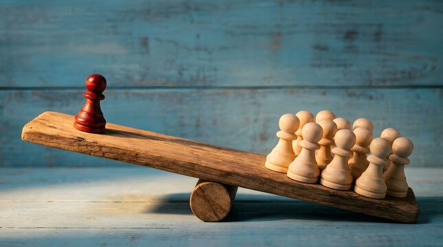 Red chess pawn on wooden seesaw balancing against group concept