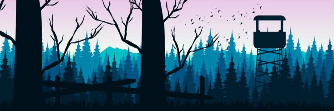 Summer morning forest banner with calm pastel sunrise sky and watchtower