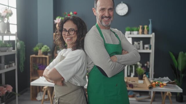Middle aged man and woman florists pose back to back with arms crossed, smiling, wearing aprons beside vases, crates, wrapping paper and flowers on a studio worktable; confidence teamwork.