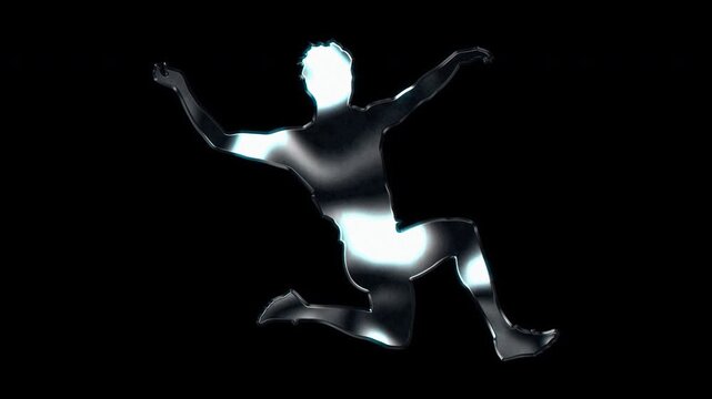 Silver metallic male athlete performing long jump silhouette. Alpha channel. Seamless loop video.