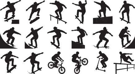 Naklejka premium Collection of skateboarders, bmx riders, and scooter riders performing tricks silhouettes isolated on white background, Vector